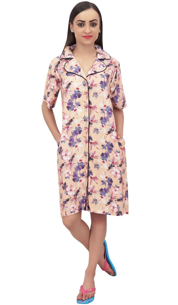 Bimba Women's Peach Sleepshirt Short Sleeve Floral Print Nightwear With Pockets -