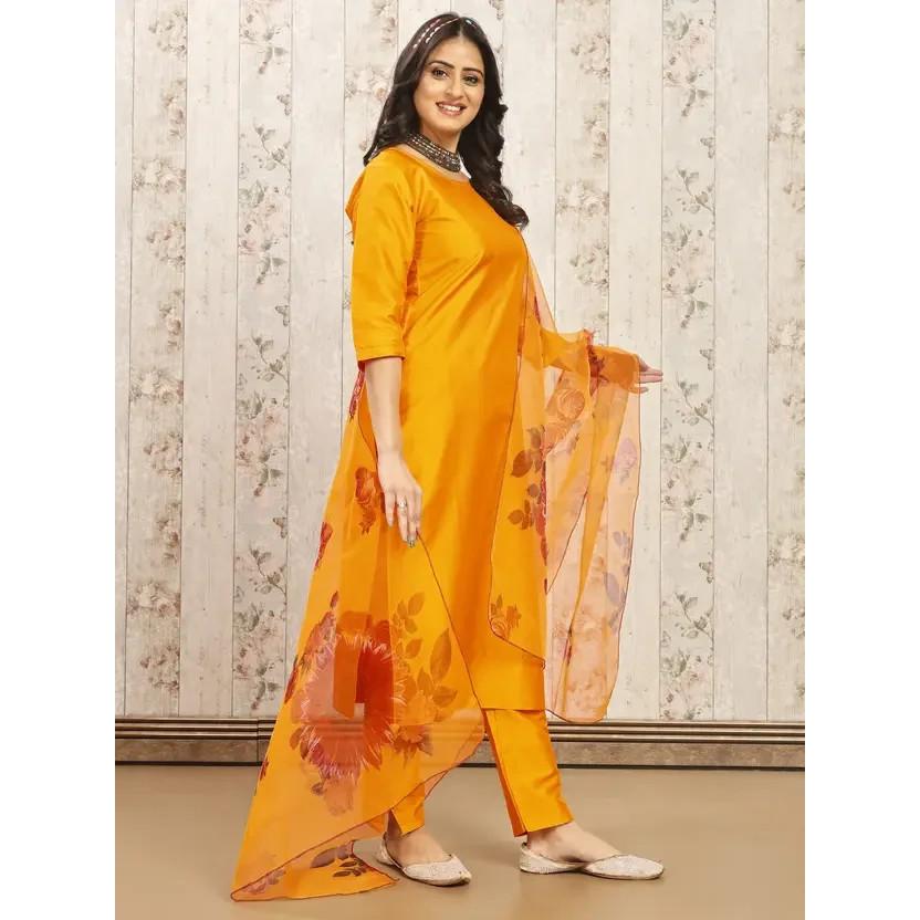 Indian Pakistani Art Silk Salwar Kameez Bollywood Women Kurti Pant Dupatta Set