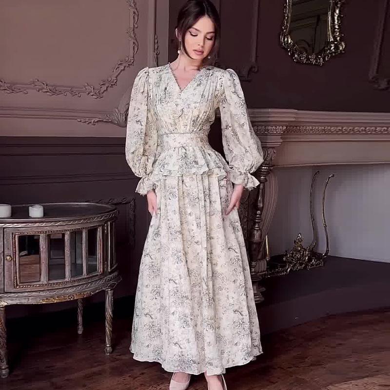 2024 Европейский и американский стиль знаменитостей Осенний принт Приталенное платье-двойка 3XL