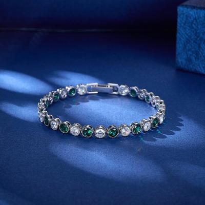 Rhodium Plated 17cm Green and White Round Zirconia Tennis Bracelet Elegant Round Gemstone Design