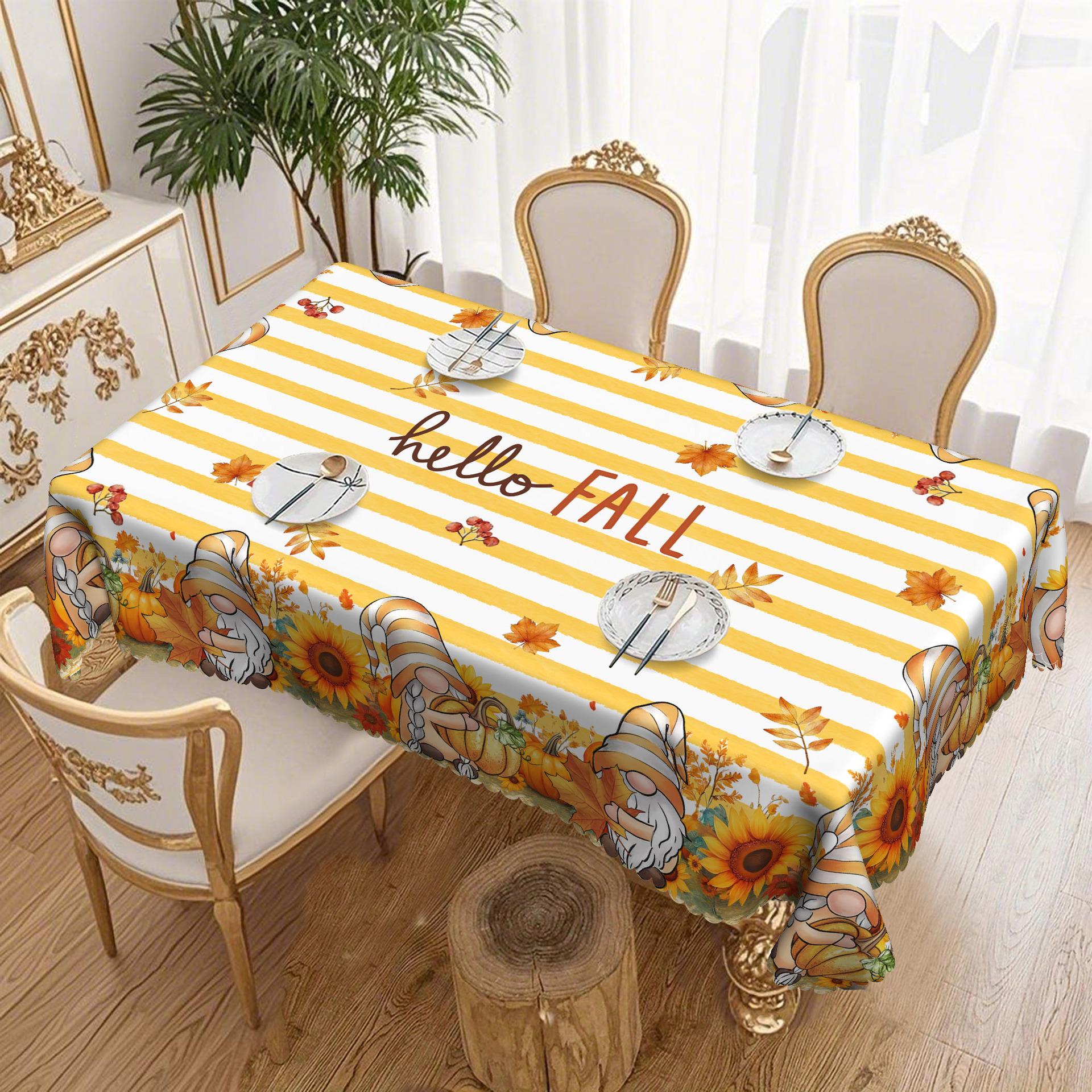 Hello Fall Warm Color Pumpkin Sunflower Striped Tablecloth, Anti-Fouling Leave-In Dining Table Cloth Coffee Table Cloth Round Round tablecloth-152x152cm