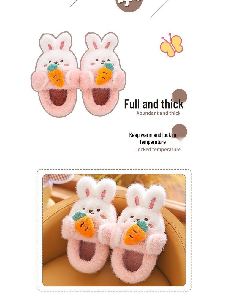 Children's Cute Rabbit Non-Slip Plush Slippers - Warm, Thick Sole, Heel-Covered, Available In Small, Medium, Large.