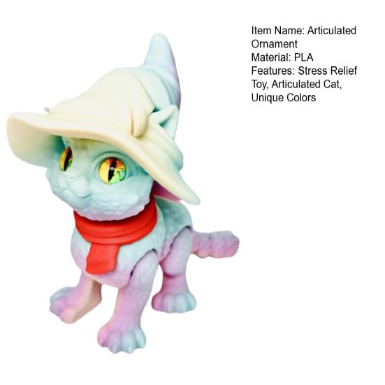 3D Printed Articulated Cat Wizard Hat Cat Ornament Wearing Red Scarf Big Eyes Cat Fidget Toy with Flexible Joints for Stress Relief Desktop Decoration