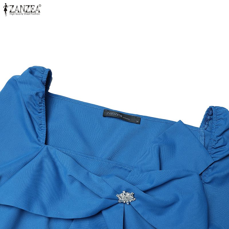 ZANZEA Elegant Women Square Collar Summer Casual Short Sleeve Dress