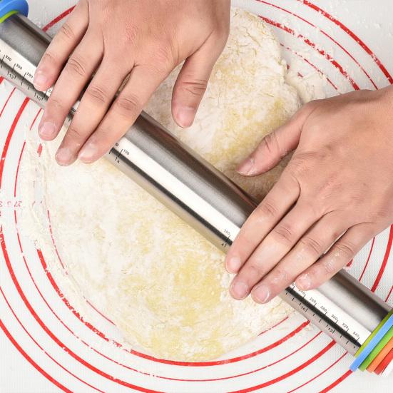 Easy to Clean Rolling Tool for Cookies Pin with Thickness Rings, Ergonomic Measurement Markings Kitchen Tool, Rust Resistant Metal Dough Non-Stick