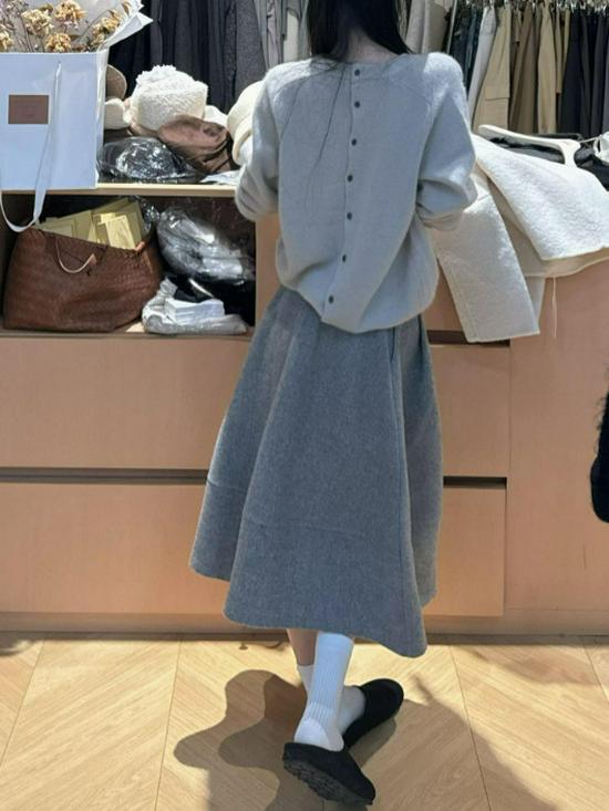 Korean A-Line Grey Wool Knitwear & Half Skirt Set - 2025 Autumn/Winter Collection