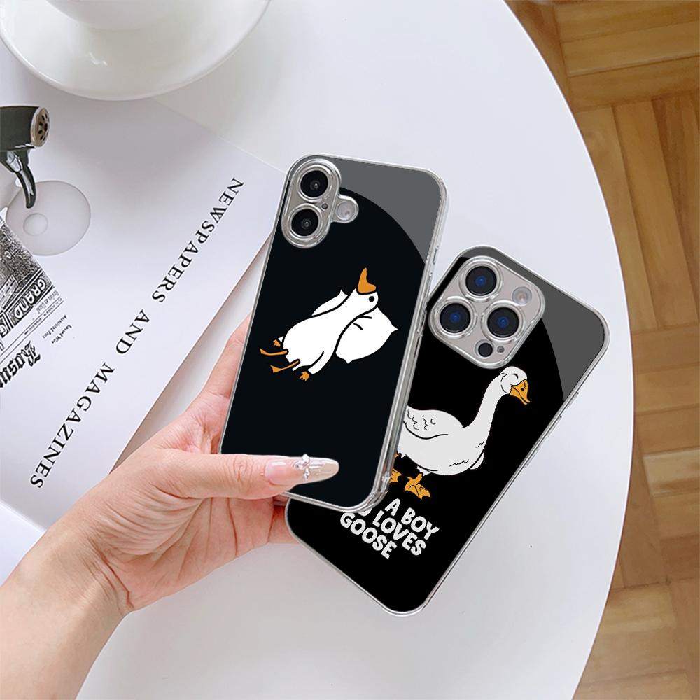 N175 Just a Boy Who Loves Goose Phone Case for iPhone 16 15 Pro Max Samsung S24 S23 A54 A35 Xiaomi Redmi Note 13 Pro Plated Frame Tempered Glass Cover