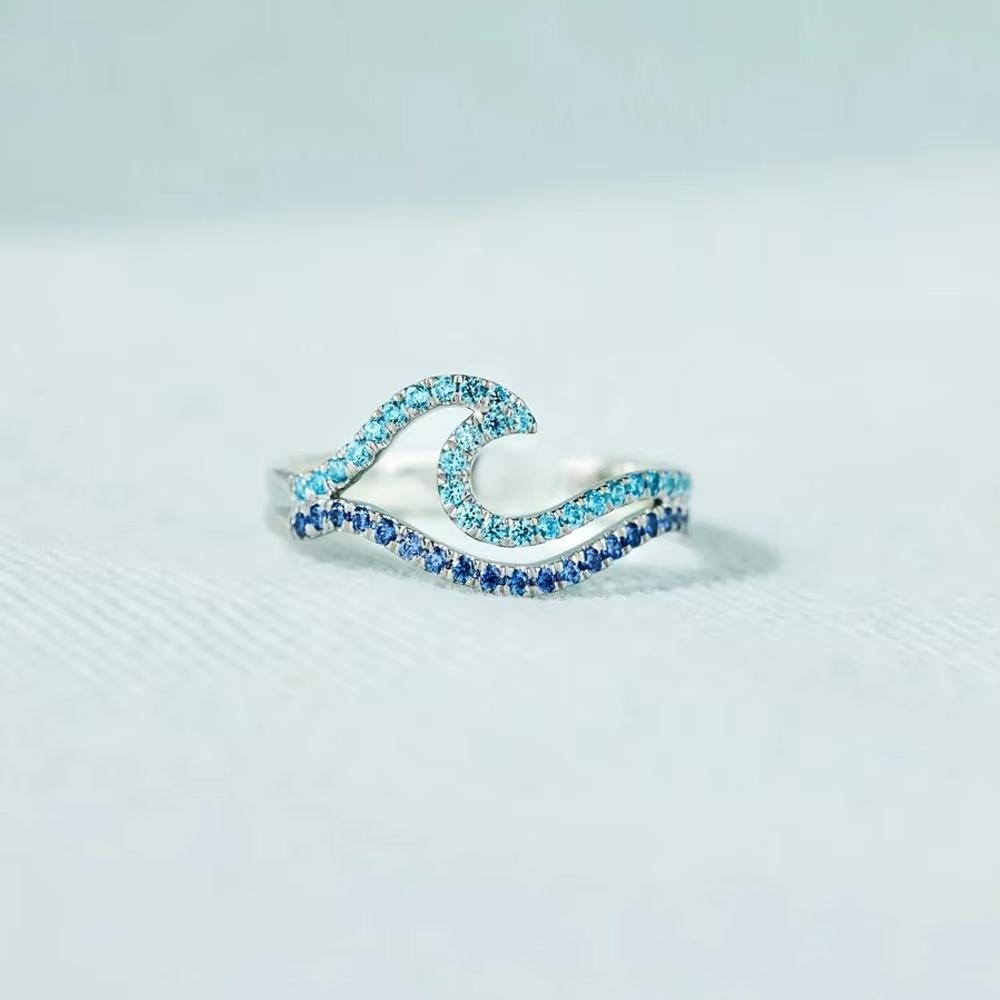 Zirkonia Blauer Doppelwellenring Einfaches Design Meereswelle Verstellbare Ringe Trendiger Ozean Wellen Schmuck Geschenk Großhandel