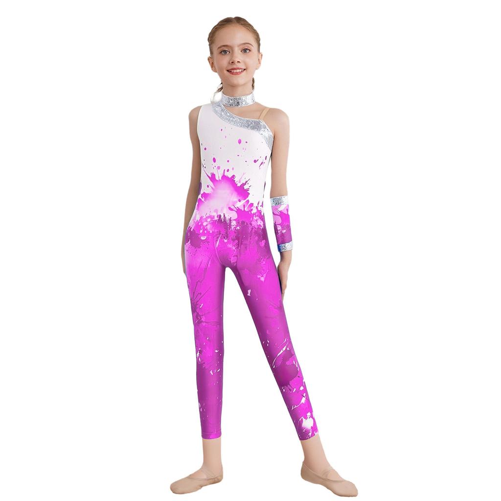 Girls Shiny Sequins Printed Gymnastics Jumpsuit: Sleeveless Asymmetrical Bodysuit Full Length Leotard 1Pc Glove for Figure Skating Dance Performance