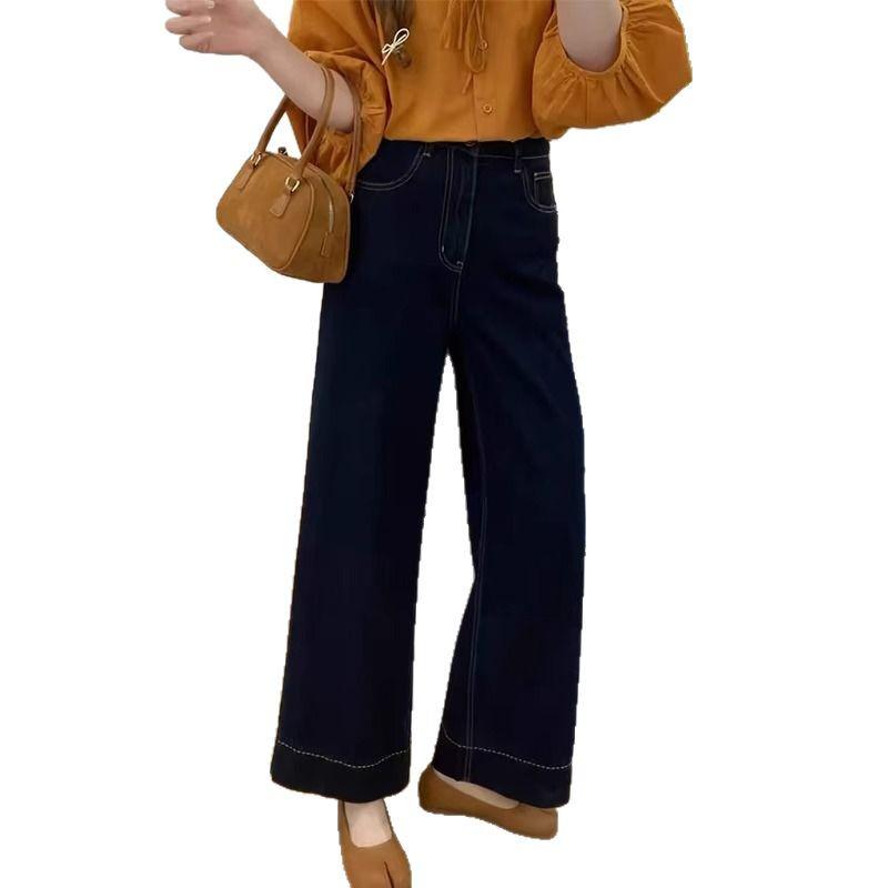 Women's Plus Size Dark Blue Straight Leg Jeans - Spring 2026 Loose Fit Pear Shape Slimming Wide Leg Pants