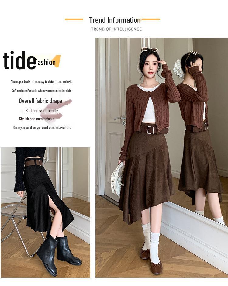Elegant Suede Midi Skirt with Irregular Slit - Women's Autumn/Winter Fashion