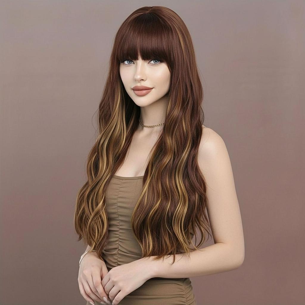 Fashionable Women's Wig: Large Waves, Brown with Blonde Highlights, High-Temperature Silk Wig
