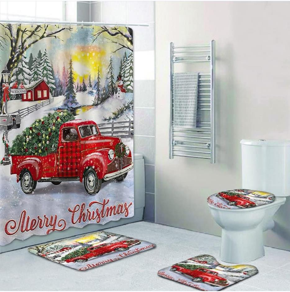 

Рождественская занавеска для душа в ванной, комплект из 4 предметов, узор снеговика, Санта-Клауса, водонепроницаемая занавеска для душа, коврик для унитаза, нескользящий коврик