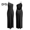Sexy Kleid für Damen, schräger Kragen, ärmellos, offenes Rückendesign, langes Kleid, einfarbig, seitlicher Schlitz, Partykleid