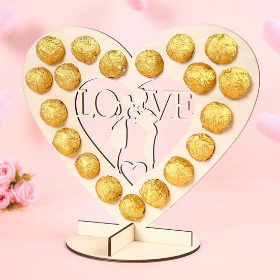 Drewniany stojak ekspozycyjny na czekoladki w kształcie serca, romantyczna dekoracja stołu na wesela, przyjęcia, wydarzenia