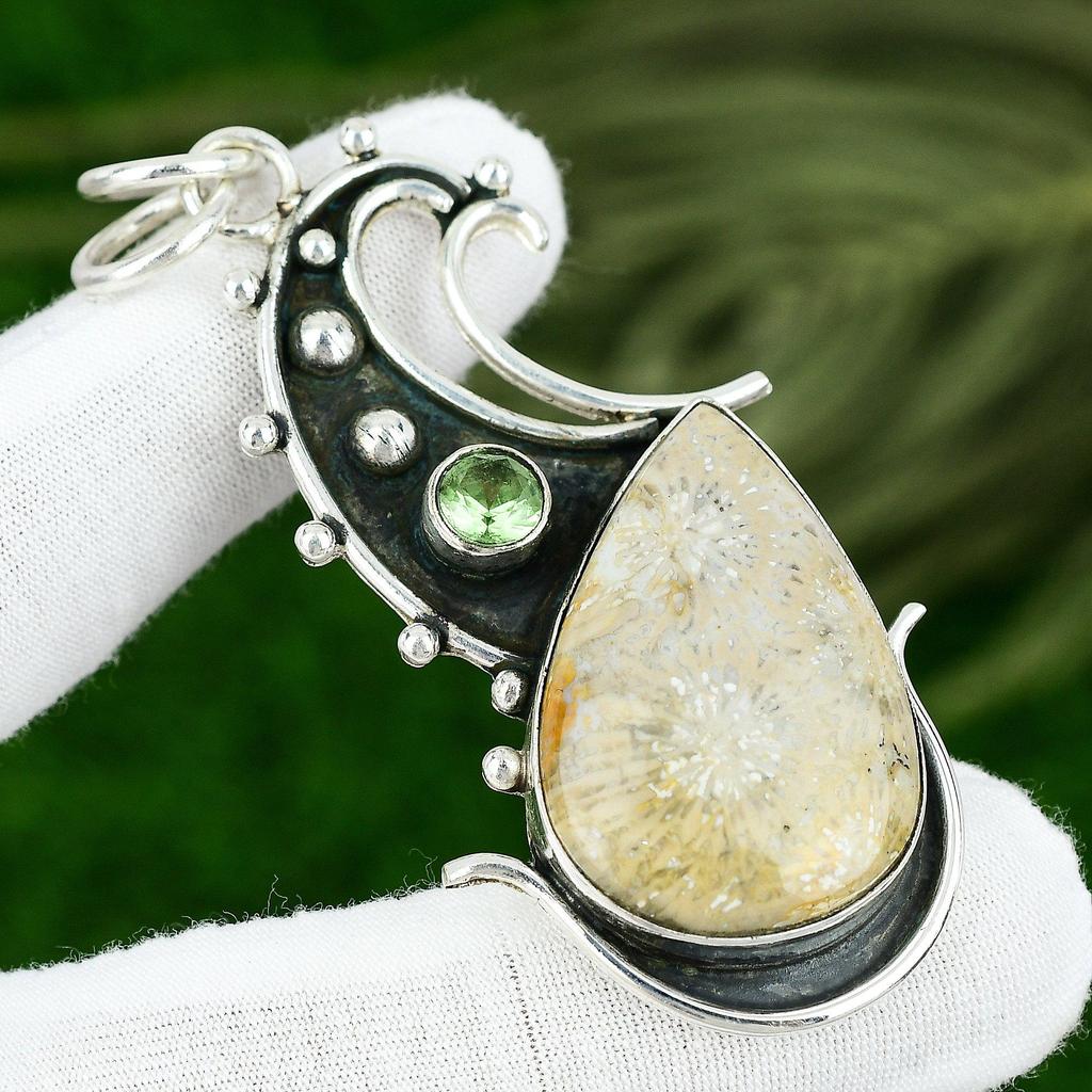 925 Silver Natural Fossil Coral Apatite Art Deco Bezel Birthday Pendant Jewelry