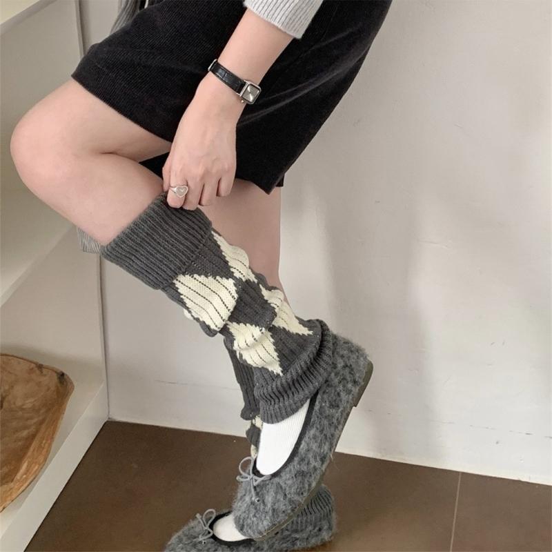Argyle Pattern Wool Knitted Turn Cuffs Leg Warmers for Women and Students Cold Weather Foot Covers Footless Calf Socks