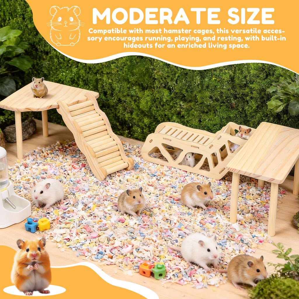 4Pcs Hamster Platform Natural Wood Hamster Climbing Toy with Ramp Tunnel Shelter Small Pet Resting Area Hamster Cage Accessories
