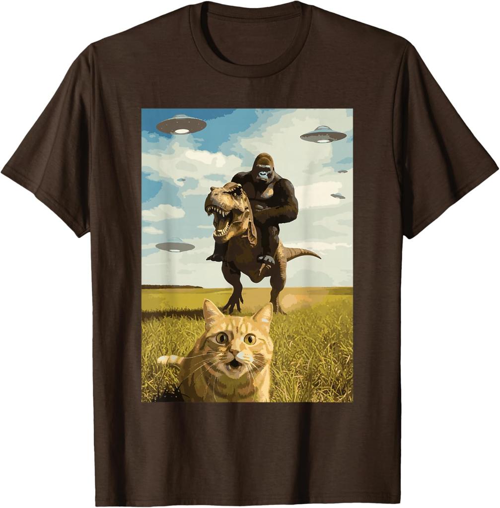 Gorilla Riding T Rex with Cat UFO Meme Graphic Tee Funny Casual Crewneck TShirt for Men