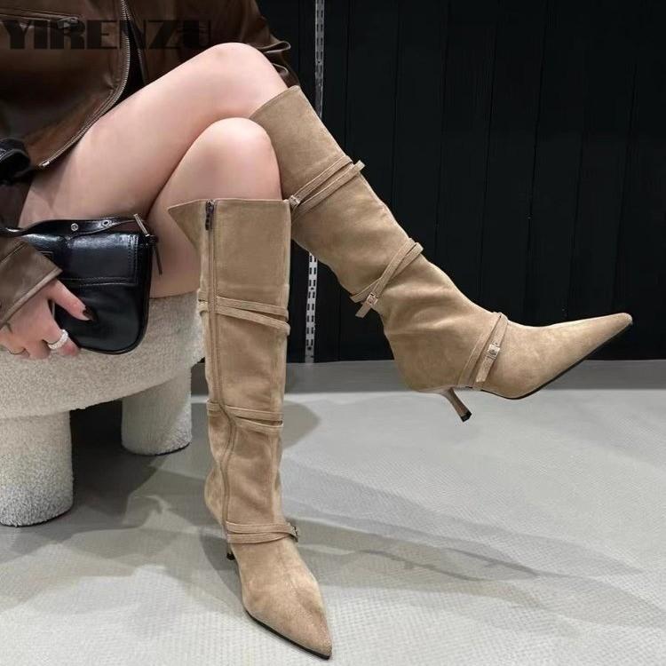 High Heels Suede Women High Boots Pointed Toe Sexy Shoes Knee High Fashion Chelsea Boots 2024 Trend Winter Pumps Botas De Mujer