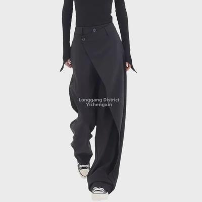 European & American Women's Asymmetrical Layered Wide-Leg Trousers with Buttons