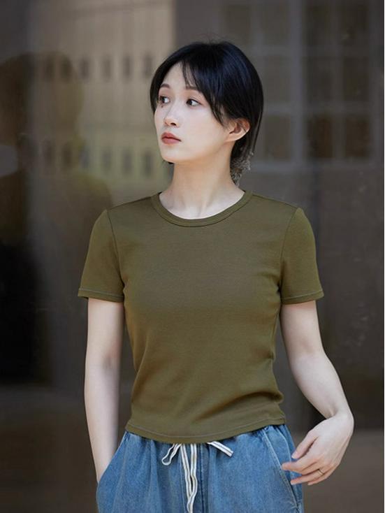 Women s Slimming Round Neck Olive Green Ribbed Cotton T-shirt Large оливковое зеленый