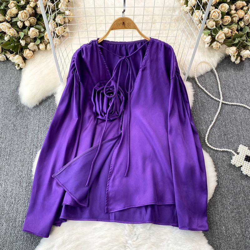 

K-style Stereo V Neck Loose Satin Casual Flowers Purple One size