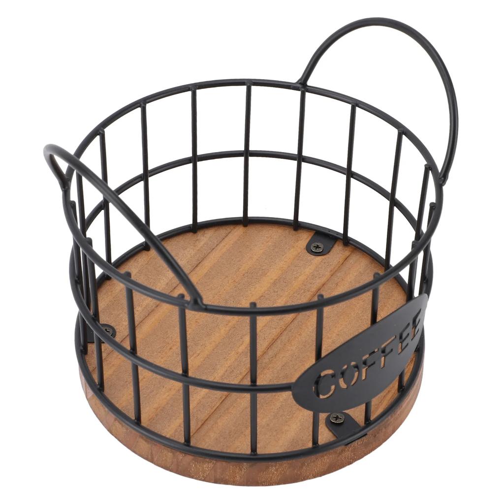Coffee Pod Basket Round Iron Wire Storage Basket Large Capacity Coffee Capsule Holder with Wooden Base for Home Office