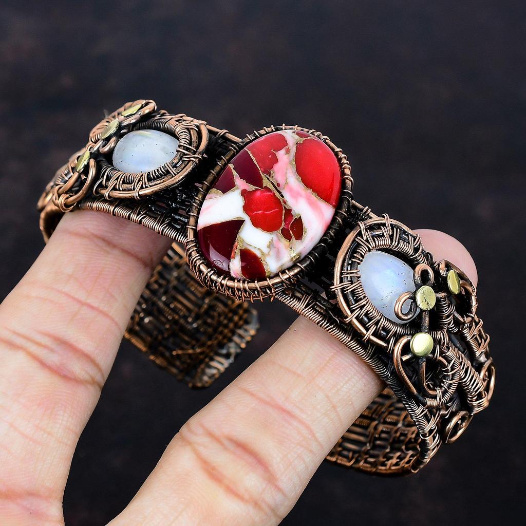Kingman red mohave copper turquoise cuff bracelet copper wire wrapped adjustable bangle rainbow moonstone gemstone bangle handmade jewelry