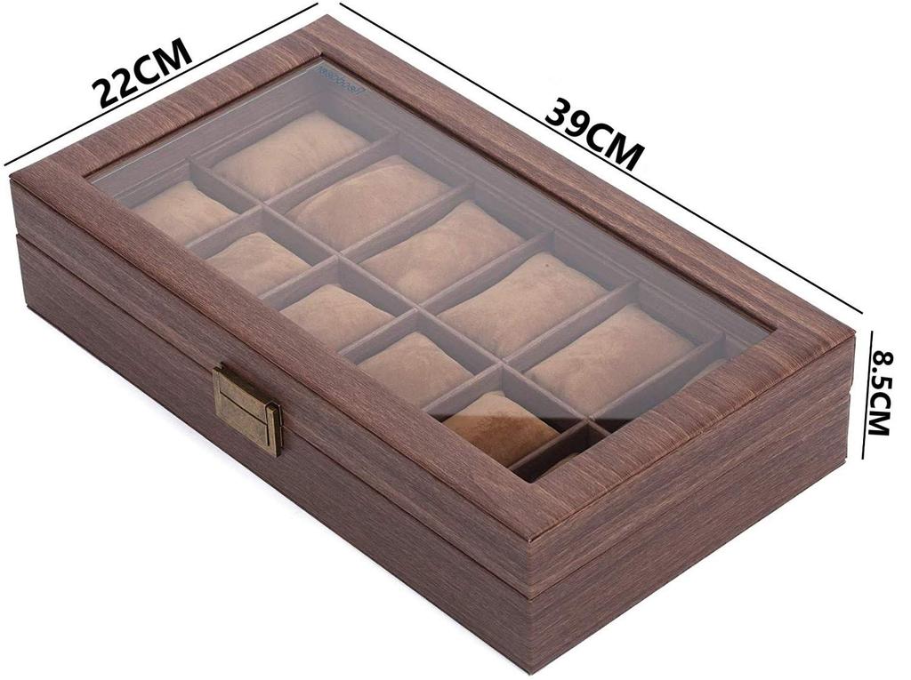 Reodoeer Wood Grain PU Watch Storage Watch Storage Collection Watch Box with Glass Holds 12 Watches Case, Box, Case, Top,