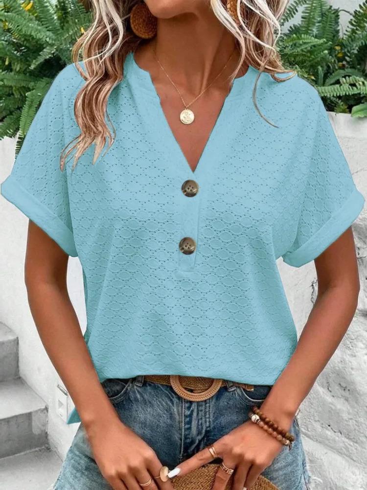 2025 Spring/Summer New Women's Fashion Casual Solid Button V-neck T-shirt for Women