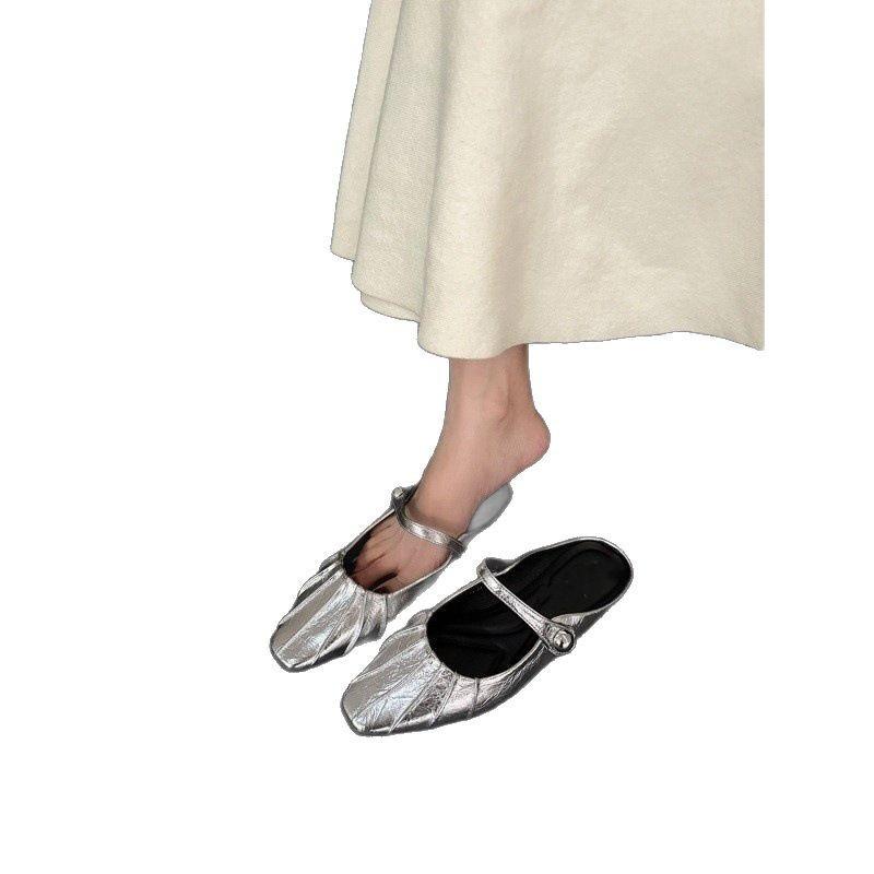 Flat-bottomed Bag Head Half-drag Women's Shoes Wear Summer Mary Jane Sandals Inside Height-increasing Silver Single Shoes
