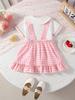 Baby Girls Spring Summer Sweet Strawberry Plaid Short Sleeve Shirt Set, Adjustable Straps, Cute Doll Collar, Daily Wear