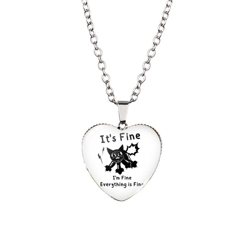 I'm Fine Everything Is Fine Heart Shaped Pendant Necklace Vintage Black Cat Design Fashionable Jewelry For All Genders