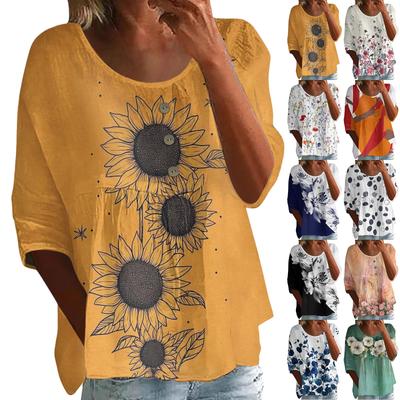 Women's Fashion Casual Three-quarter Sleeve Loose Round Neck Button Floral Print Top