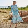 Summer Spring Floral Print Dress for Women Bohemia V-Neck A-Line High Waist Half Sleeve Mid-Calf Blue Pink Red Rose Sizes S M L XL