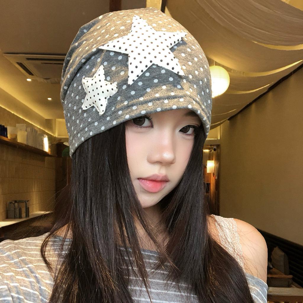 Star polka dot stack hat women's spring and summer thin breathable big head circumference showing face small sweet versatile bag head hat