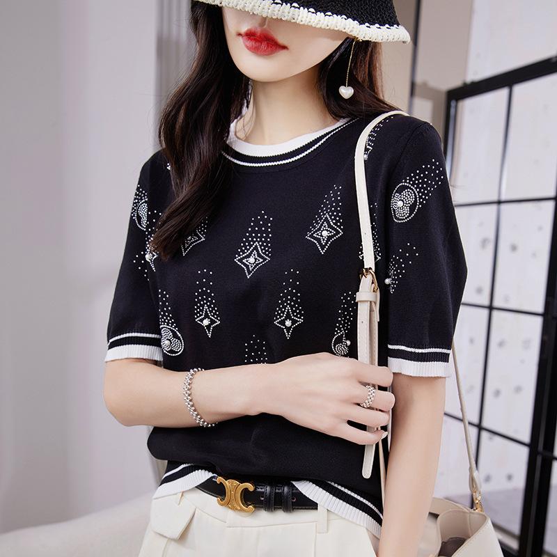 

Женская футболка с коротким рукавом из ледяного шелка с железным бриллиантом и круглым вырезом на лето, новая тонкая трикотажная футболка с коротким рукавом в стиле колор-блок XXL чёрный