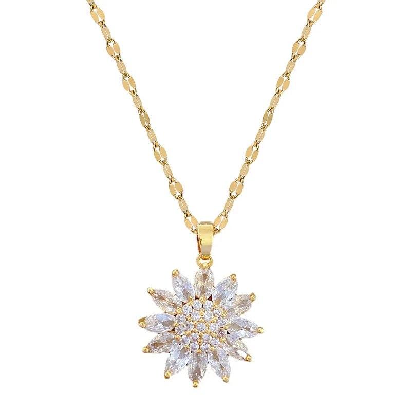 Trendy Rotation Spin Sunflower Stainless Steel Zircon Necklaces For Women Metal Crystal Necklace Party Birthday Gifts Jewelry