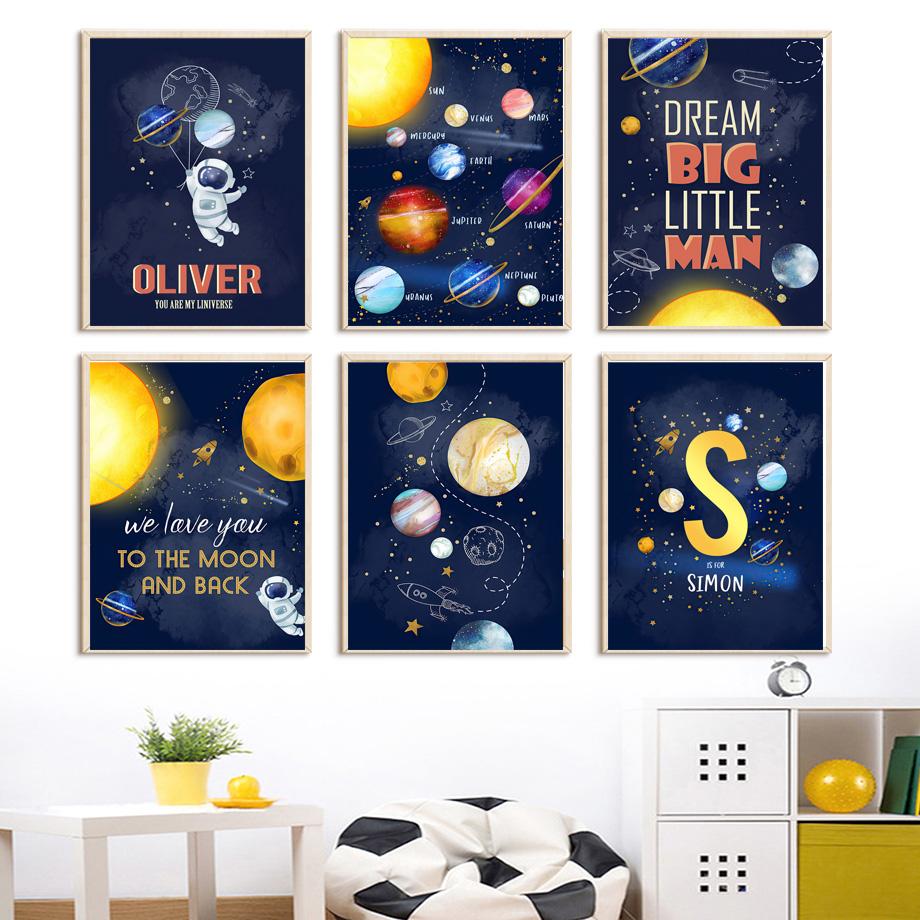 Custom Boy Name Space Rocket Astronaut Alphabet Nursery Wall Art Print Canvas Painting Nordic Poster Decor Pictures Kids Room