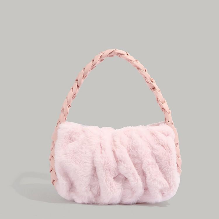 

2025 new autumn and winter simple and versatile high-end plush shoulder bag solid color woven handbag foreign women s bag рожевий