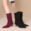 Black Wine Red Women Mid Calf Boots Pointed Toe Mid Heel Small Big Size 32 48