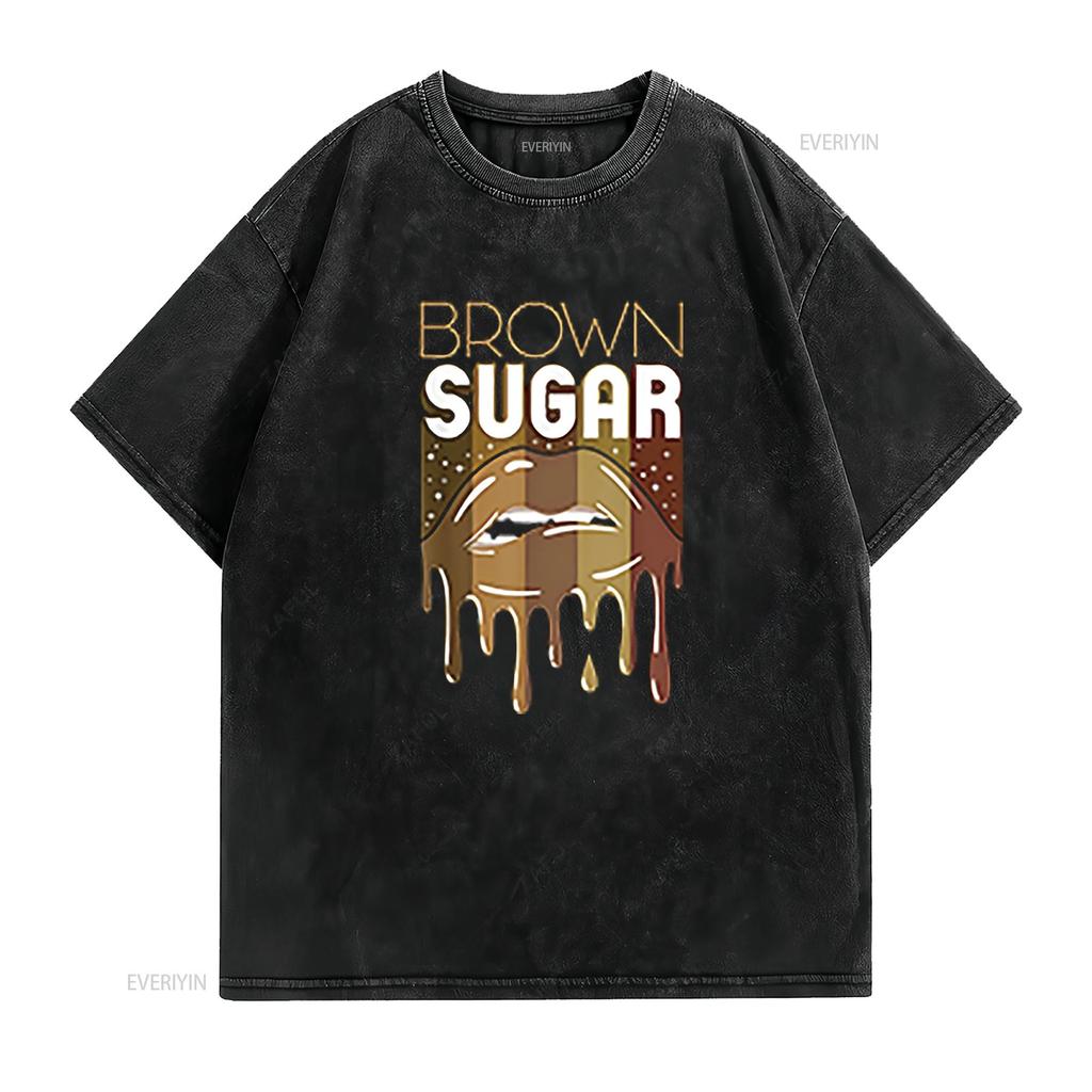 Womens T Shirt Brown Sugar Melanin Black Woman Lips Funny Babe 2XL vintage Washed Casual fashion graphic Versatile homme