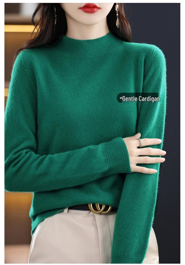 Women's Cashmere Sweater - Autumn/Winter, Solid Color, Loose Pullover, Half-High Collar, Korean Style, Long Sleeve Knit Wool Base Layer.