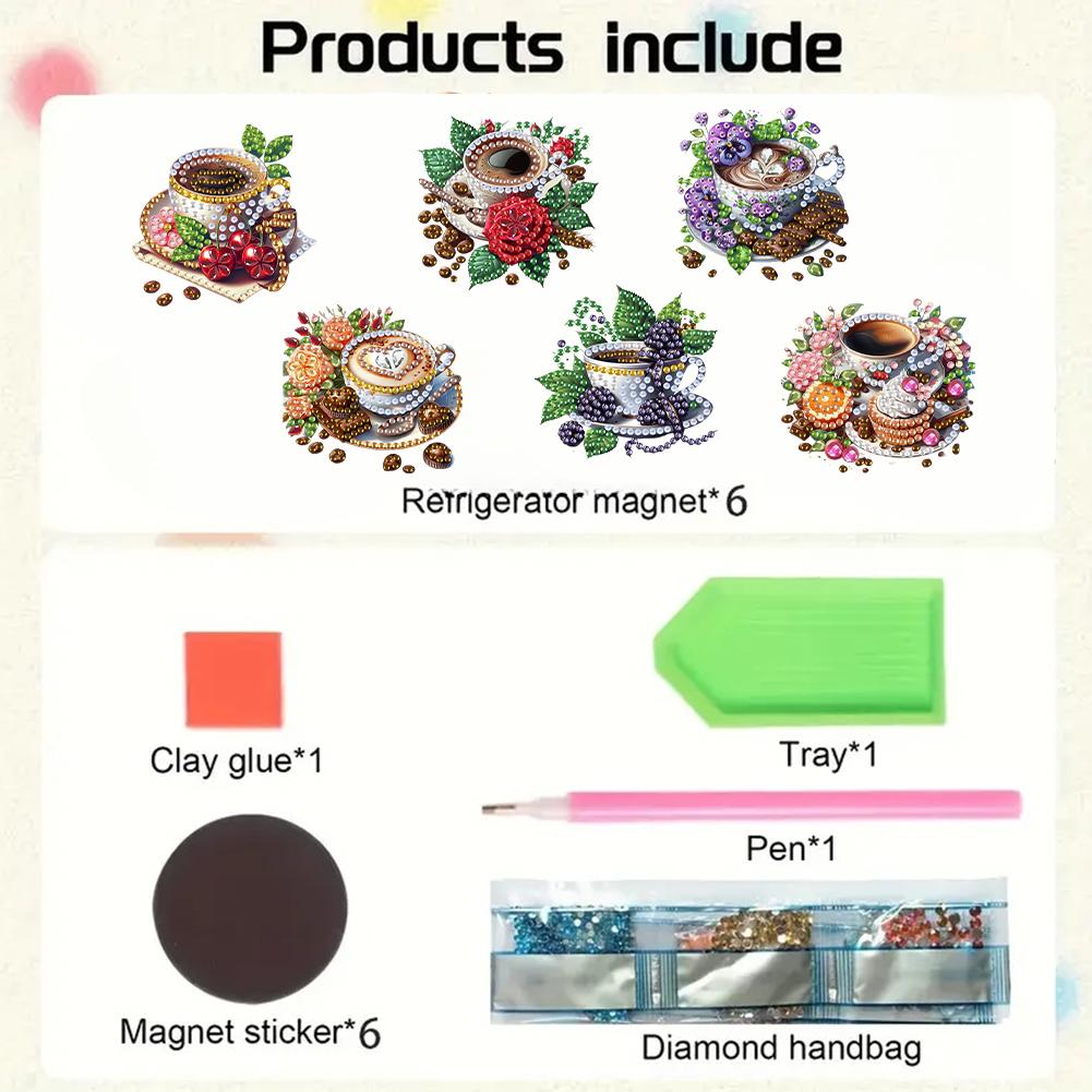 6Pcs Acrylic 2D Flat Coffee Afternoon Tea Diamond Art Fridge Magnet Diamond Painting Refrigerator Magnet for Adults Beginners