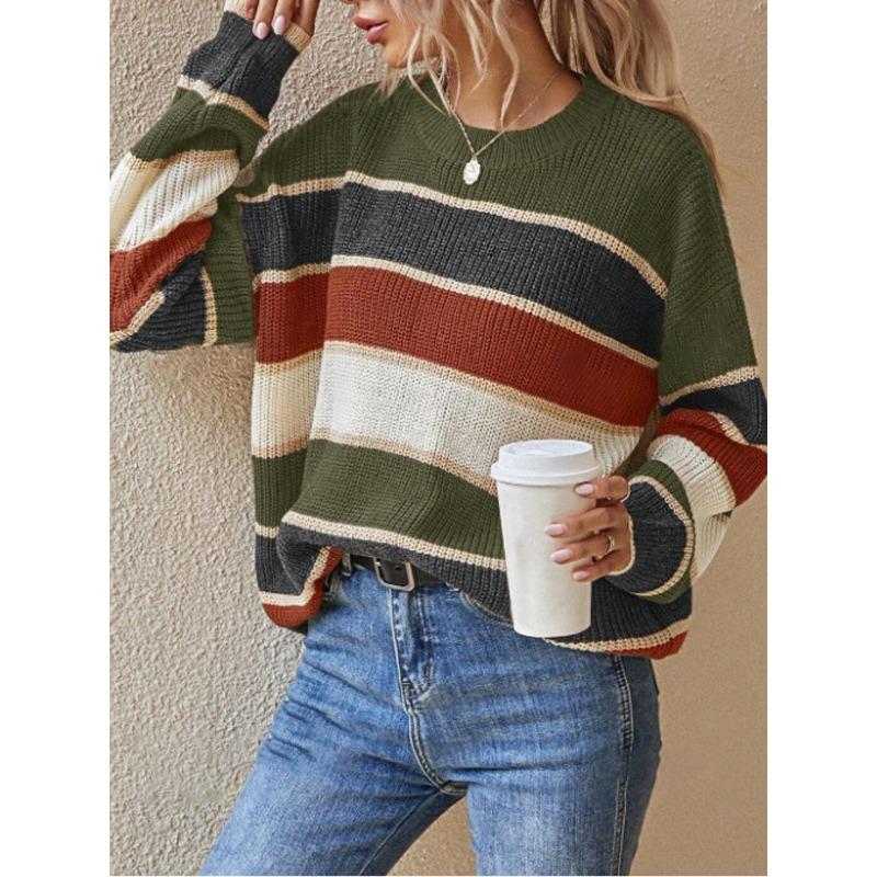 Women Loose Striped Long Sleeve Crew Neck Knit Sweater Autumn Winter