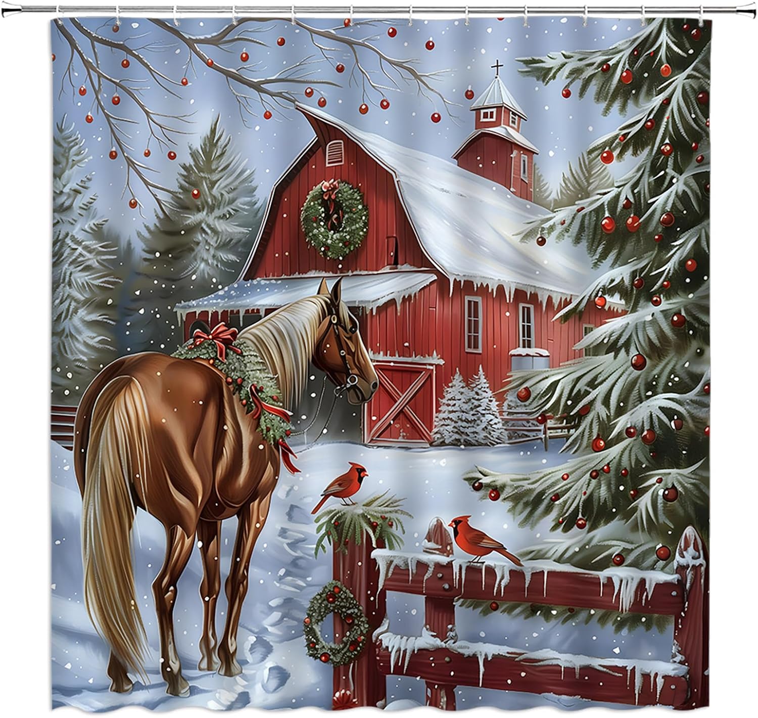 

Christmas Shower Curtain Retro Farmhouse Rustic Horse Xmas Tree Winter Near Year Fabric Decorative Bathroom Curtains With Hooks W60H190(CM)-1 Pcs