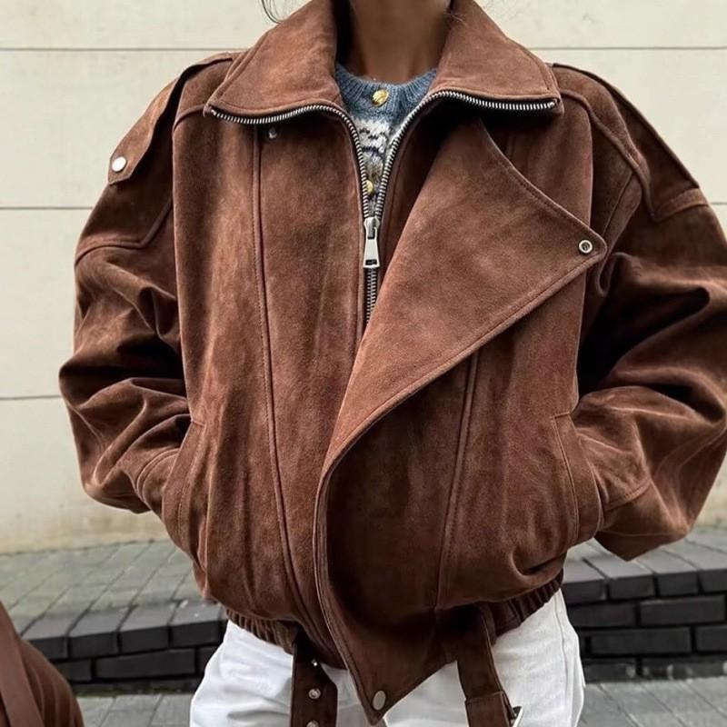 Womens Oversized Faux Suede Jacket 2025 Streetwear Long Sleeve Zip-Up Coat In Brown Shades