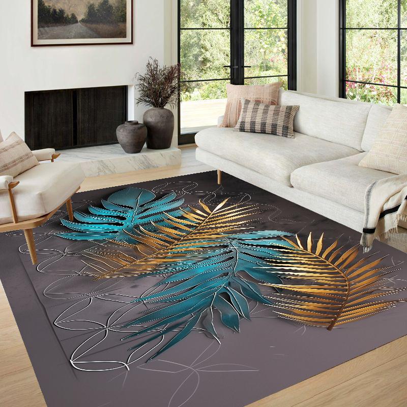 3d Golden Modern Carpet in The Living Room Leaf Patterns Room Decor Home Mats Machine Washable Large Area Rugs for Bedroom Ins