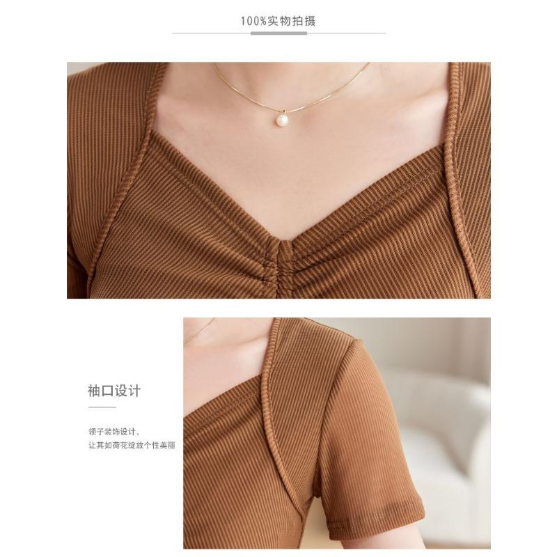 Women's V-Neck Ruched Slim Fit T-Shirt Sheer Mesh Short Sleeve Elegant Casual Top